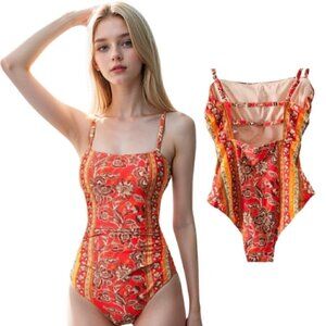 58.🆕Med Cupshe Floral Print Shirred Cutout One Piece Swimsuit Size Medium NWT